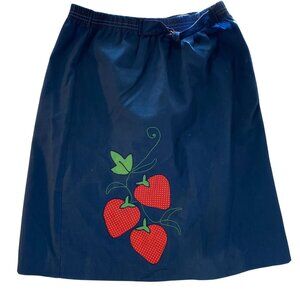 Vintage 1980s Blue Skirt With Red Polka Dot Strawberry Applique & Elastic Waist